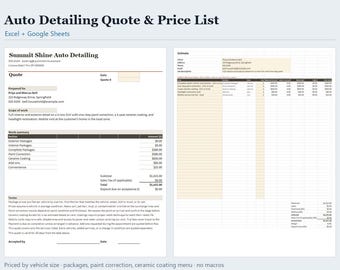 Preisliste und Kostenrechner für Fahrzeugaufbereitung (Excel & Google Sheets), Vorlage für Kostenvoranschläge nach Fahrzeuggröße, Sofort-Download