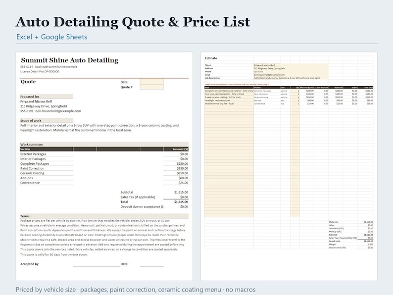 Auto Detailing Price List and Quote Calculator Excel & Google Sheets, Car Detail Estimate Template Priced by Vehicle Size, Instant Download image 1