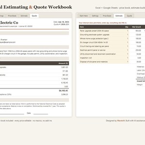 Electrical Estimate Template Excel & Google Sheets | Electrician Quote Calculator + Price Book, Panel Upgrade and EV Charger Pricing image 1