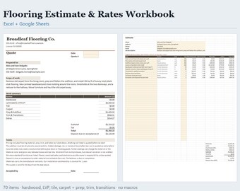 Golvuppskattningsmall i Excel och Google Sheets, kalkylator för golvuppskattning med prislista, uppskattning av entreprenörsjobb, omedelbar nedladdning