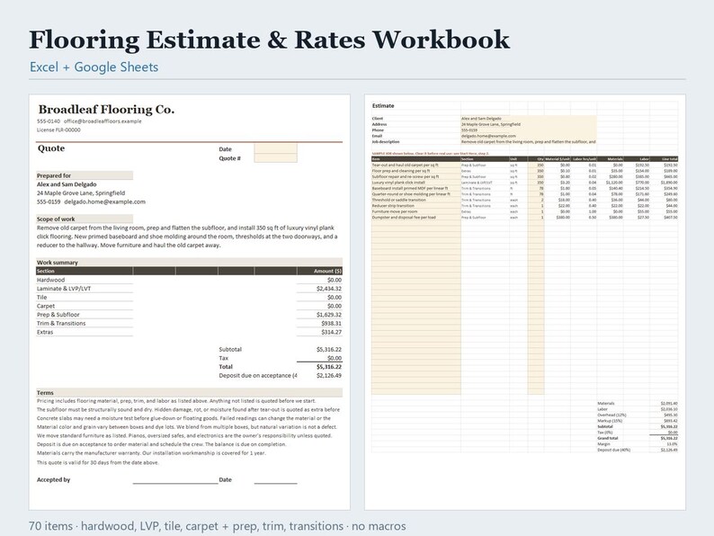 Flooring Estimate Template Excel and Google Sheets, Flooring Quote Calculator with Price Book, Contractor Job Estimating, Instant Download image 1
