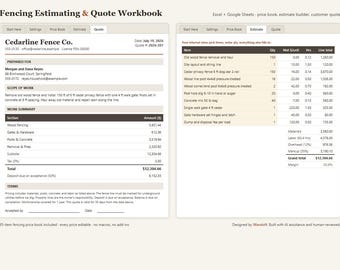 Mall för staketuppskattning i Excel och Google Sheets, staketuppskattningsräknare med prislista, uppskattning av entreprenörsjobb, omedelbar nedladdning