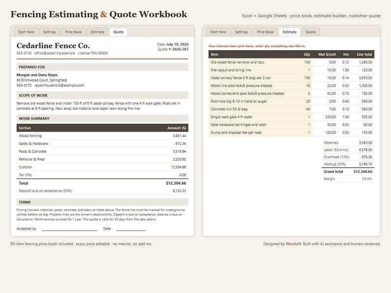 Fencing Estimate Template Excel & Google Sheets, Fence Quote Calculator with Price Book, Contractor Job Estimating, Instant Download image 1