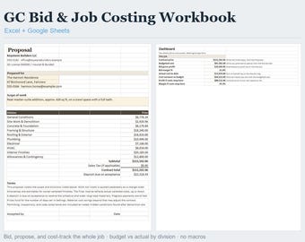 Vorlage für Angebots- und Kostenkalkulation von Bauunternehmen (Excel/Google Sheets), Kostenvoranschlag mit Budget-Ist-Vergleich, Sofort-Download