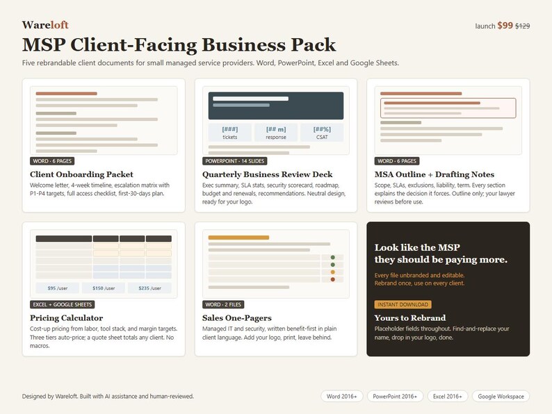 MSP Client Pack | Onboarding Packet, QBR Deck, Contract Outline, Pricing Calculator | Managed IT Service Templates Word Excel image 1