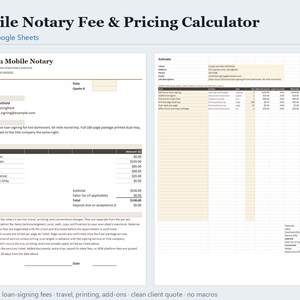 Mobile Notary Fee Calculator Loan Signing Pricing Spreadsheet, Signing Agent Quote Template Excel & Google Sheets, Instant Download image 1