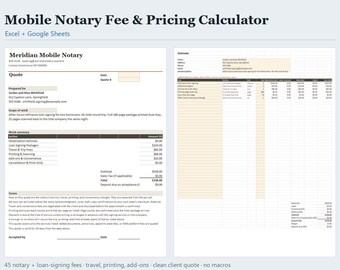 Gebührenrechner für mobile Notare, Preisübersicht für Darlehensunterzeichnungen, Angebotsvorlage für Unterzeichnungsagenten (Excel & Google Sheets), Sofort-Download