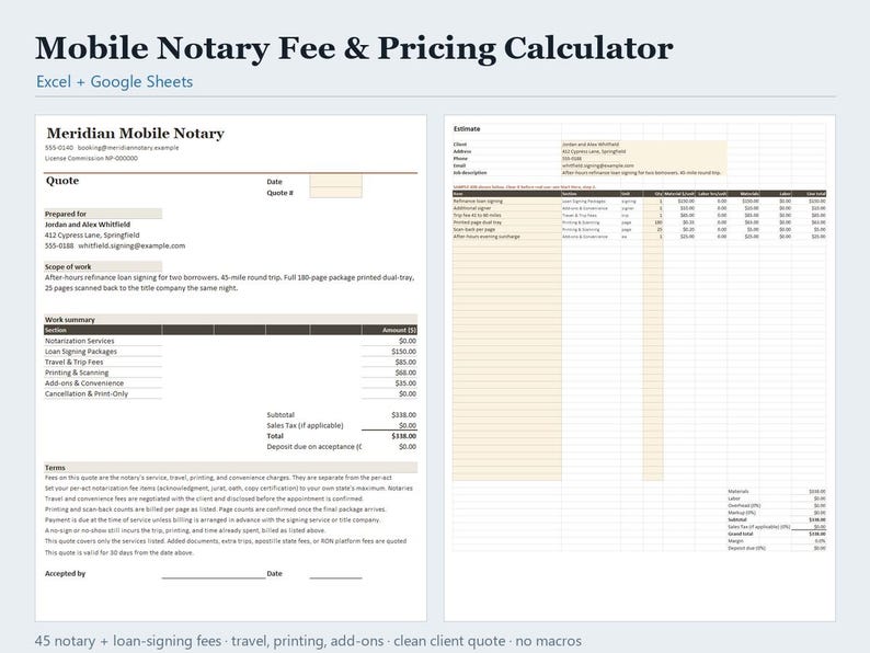 Mobile Notary Fee Calculator Loan Signing Pricing Spreadsheet, Signing Agent Quote Template Excel & Google Sheets, Instant Download image 1