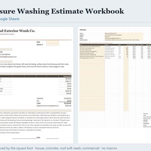 Pressure Washing Estimate Template Excel & Google Sheets, Power Washing Quote Calculator with Price Book, Job Estimating, Instant Download image 1