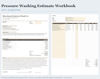 Pressure Washing Estimate Template Excel & Google Sheets, Power Washing Quote Calculator with Price Book, Job Estimating, Instant Download