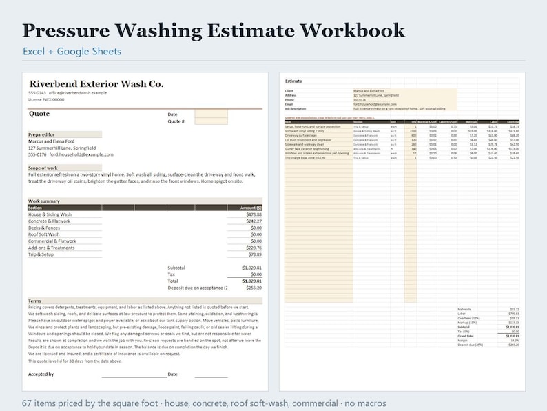 Pressure Washing Estimate Template Excel & Google Sheets, Power Washing Quote Calculator with Price Book, Job Estimating, Instant Download image 1
