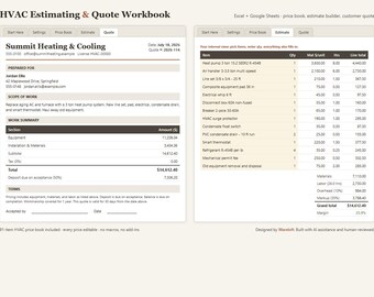 Vorlage für Kostenvoranschläge im Bereich Heizung, Lüftung und Klimatechnik (HLK) in Excel & Google Sheets, Angebotsrechner mit Preisliste, Kostenvoranschlag für Handwerker, Sofort-Download
