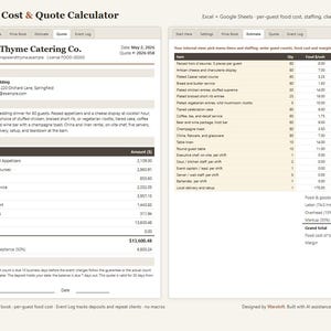 Catering Cost & Quote Calculator Excel Google Sheets, Catering Estimate Template with Food Cost Price Book and Event Log, Instant Download image 1