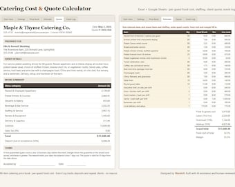 Catering-Kostenrechner für Excel und Google Sheets, Vorlage für Catering-Kostenvoranschläge mit Lebensmittelpreisliste und Veranstaltungsprotokoll, Sofort-Download