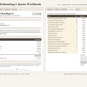 Roofing Estimate Template Excel & Google Sheets | Quote Calculator + Price Book for Roofing Contractors | Instant Download image 1