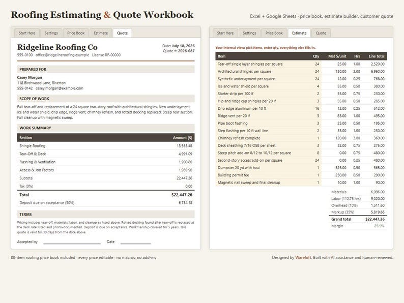 Roofing Estimate Template Excel & Google Sheets | Quote Calculator + Price Book for Roofing Contractors | Instant Download image 1