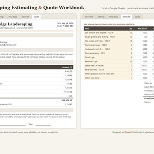 Landscaping Estimate Template Excel & Google Sheets, Landscaping Quote Calculator with Price Book, Lawn Care Estimating, Instant Download image 1