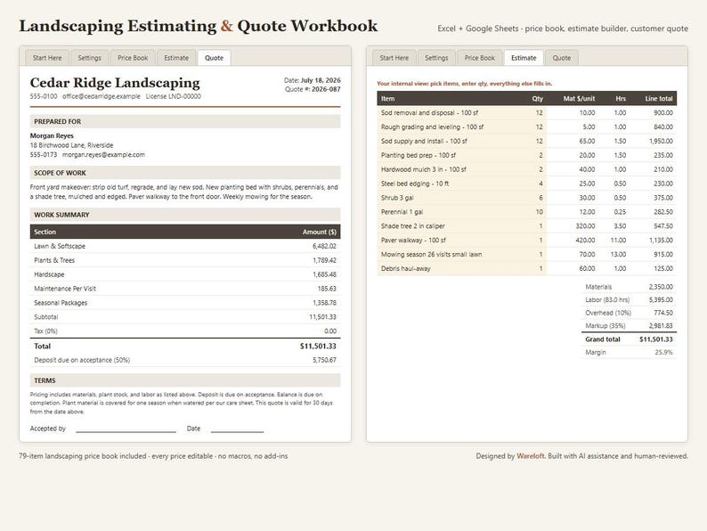 Landscaping Estimate Template Excel & Google Sheets, Landscaping Quote Calculator with Price Book, Lawn Care Estimating, Instant Download image 1
