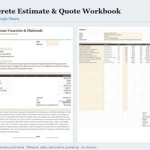Modello di preventivo per calcestruzzo in Excel e Fogli Google, calcolatore di preventivi per calcestruzzo con listino prezzi, stima dei lavori per appaltatori, download immediato immagine 1