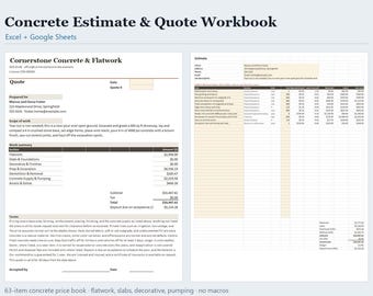 Vorlage für Betonkalkulationsangebote in Excel & Google Sheets, Betonkostenrechner mit Preisliste, Kostenvoranschlag für Bauunternehmen, Sofort-Download