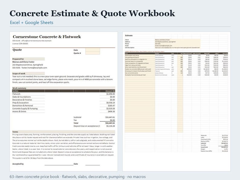 Modello di preventivo per calcestruzzo in Excel e Fogli Google, calcolatore di preventivi per calcestruzzo con listino prezzi, stima dei lavori per appaltatori, download immediato immagine 1
