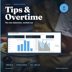 May include: A digital spreadsheet template for Excel and Google Sheets titled Tips & Overtime. It features 7 tabs, a dashboard with bar charts showing average tips per shift and monthly premiums, and text fields for deduction calculations and logs.