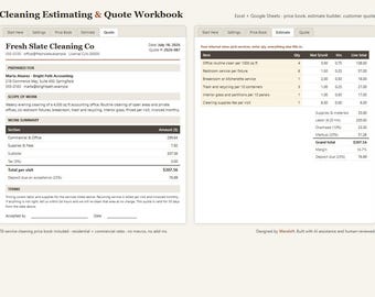 Vorlage für Reinigungskostenvoranschläge in Excel & Google Sheets, Kalkulationstabelle mit Preisliste, Reinigungsservice, Sofort-Download
