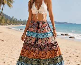 Handmade Boho Patchwork Silk Skirt, Hippie Maxi Dress, One Free Size