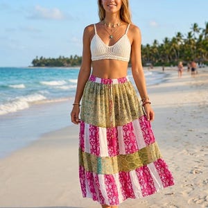 Boho Patchwork Maxi Skirt, Pink Green Paisley Tiered Skirt, Bohemian Beach Skirt, Colorful Striped Long Skirt