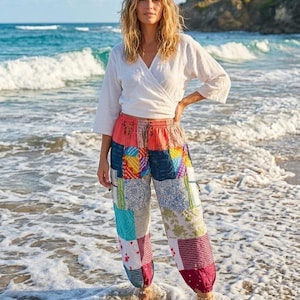 Boho Patchwork Harem Pants with Pockets | Handmade Cotton Hippie Pants | Bohemian Yoga Trousers | Women's Beach Pants
