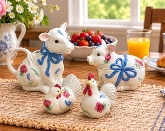 Lenox Poppies on Blue Barnyard Set Cow Pig Rooster Hen Creamer Sugar Bowl Salt Pepper