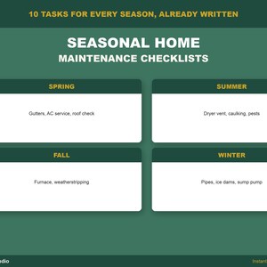 Op de afbeelding: Een digitale checklist voor seizoensgebonden woningonderhoud met een donkergroene achtergrond en witte tekst. De koptekst luidt 10 TASKS FOR EVERY SEASON, ALREADY WRITTEN en SEASONAL HOME MAINTENANCE CHECKLISTS. Vier vakken tonen taken per seizoen.