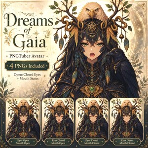 May include: A digital PNGTuber avatar set titled Dreams of Gaia featuring a character with long dark hair, an eagle headdress, and a black raven. The set includes four PNG images showing variations of open and closed eyes and mouth states.