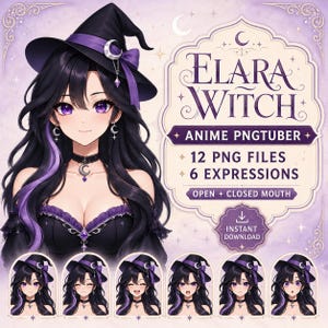 May include: An anime-style character illustration titled Elara Witch Anime PNGTuber, featuring a character with long black hair, purple highlights, and a witch hat. Includes 12 PNG files, 6 expressions, and text indicating open and closed mouth options.