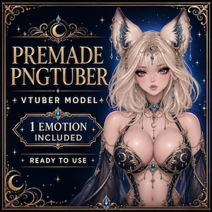 Könnte beinhalten: Eine digitale Illustration einer blonden Figur mit fuchsartigen Ohren, die ein verziertes dunkelblaues und goldenes Outfit mit Schmuck trägt. Der Text lautet PREMADE PNGTUBER, VTUBER MODEL, 1 EMOTION INCLUDED und READY TO USE vor dunkelblauem Hintergrund.