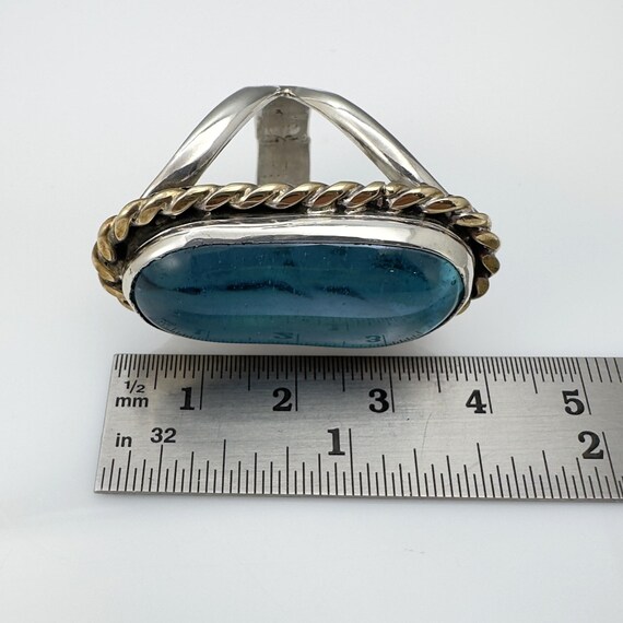 Vintage Handcrafted Statement Ring Long Oval Aqua… - image 7