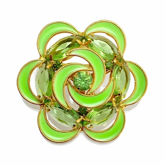 Vintage Bright Green Flower Crystal Enamel Brooch - image 1