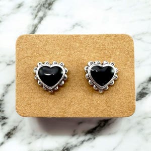 Vintage Heart Shaped Black Onyx & Silver Pewter Stud Earrings NOS