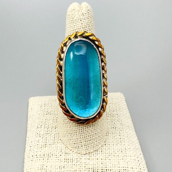 Vintage Handcrafted Statement Ring Long Oval Aqua… - image 2