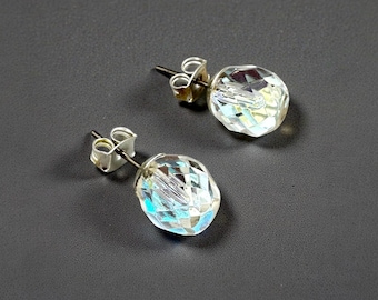 NOS Vintage Faceted AB Crystal Ball Studs | Unworn Retro Jewelry | New Backs