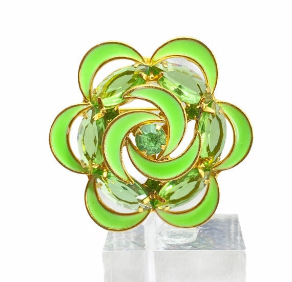 Vintage Bright Green Flower Crystal Enamel Brooch - image 2