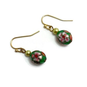 Green Pink Floral Cloisonné Pearl Earrings Vintage Jewelry