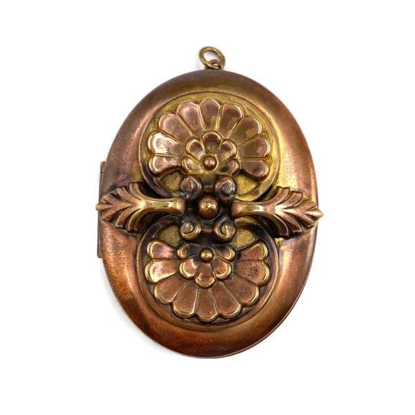 Antique Art Nouveau Locket - Oval  Floral Double Fan Shape - Gold Wash Copper