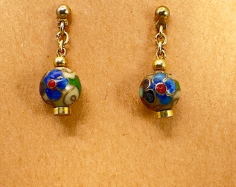 Vintage Chinese Cloisonné Bead Earrings, Gold Tone Dangle Drop, Enamel Floral Jewelry