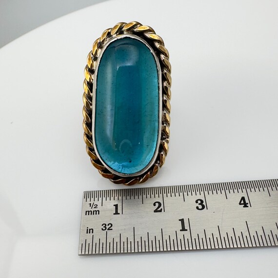 Vintage Handcrafted Statement Ring Long Oval Aqua… - image 8