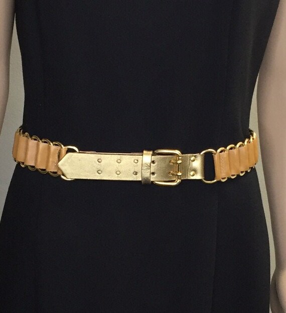 Vintage Brown Gold Leather & Chain Statement Belt 