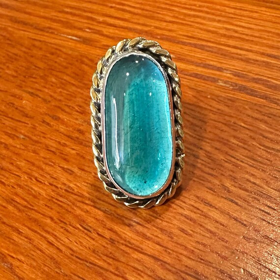 Vintage Handcrafted Statement Ring Long Oval Aqua… - image 6