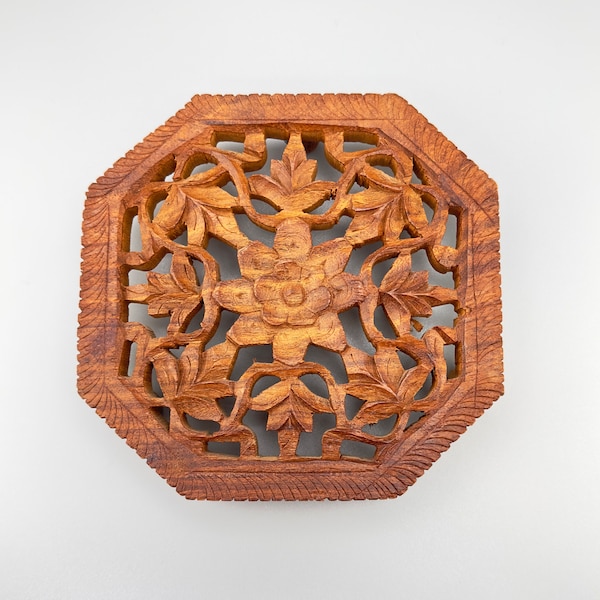Vintage Carved Flower Leaves Wood Footed Trivet or Wall Art or Plant Stand India