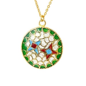 Vintage Plique a Jour Enamel Double Star Circle Pendant Necklace 18&quot; Gold Plated Chain