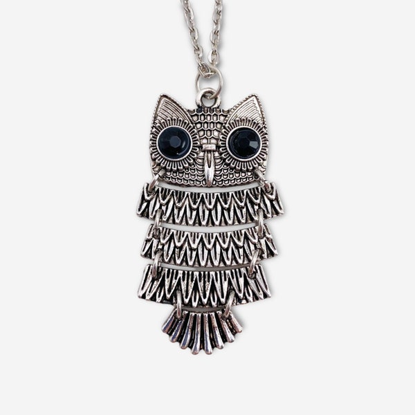 Articulated Owl Pendant Necklace  24" Long Cable Chain Silver Tone Black Eyes